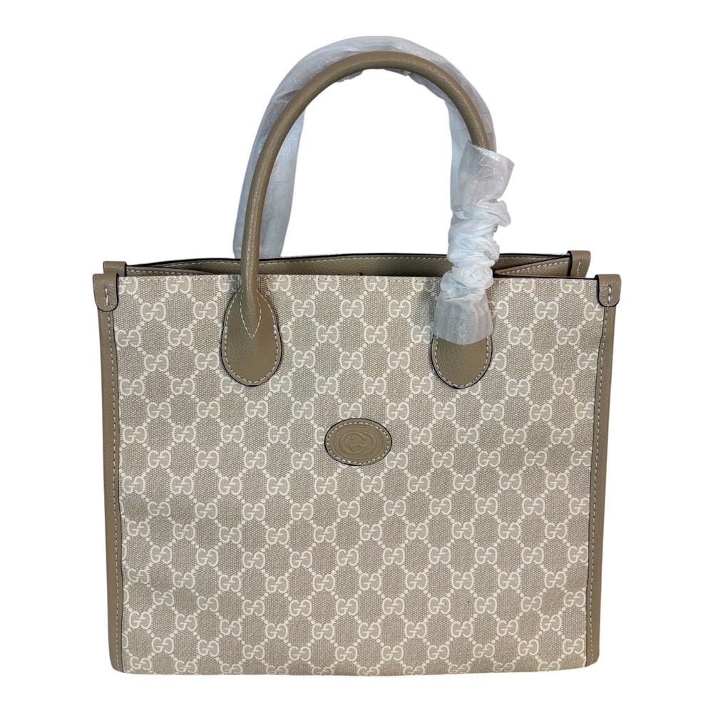 Gucci Beige Canvas GG Monogram Tote with Brown Leather Trim